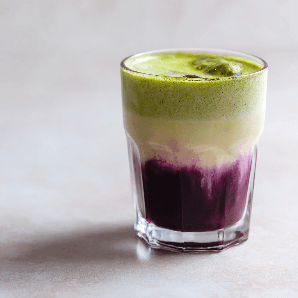 Blueberry Syrup for Matcha: A Flavorful Twist Worth Trying 5 Layered blueberry matcha latte on a white table in a soft, cozy setting