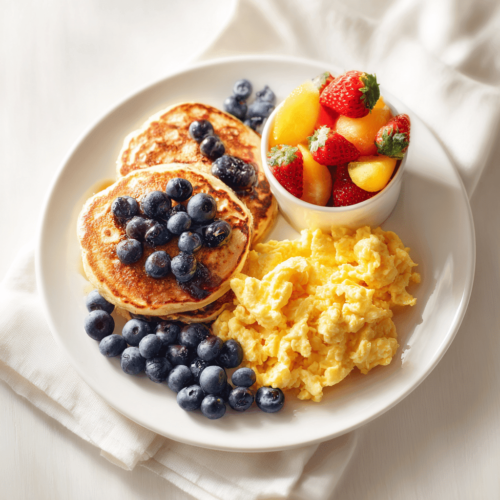 Blueberry Pancake Recipe That’ll Make Your Mornings Magical 7 Blueberry pancakes with bacon, eggs, and fruit—complete breakfast plate
