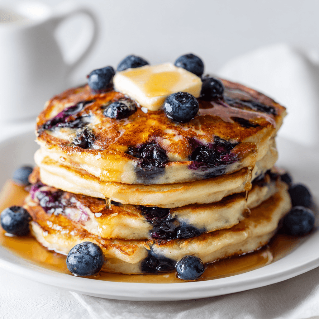 Fluffy blueberry pancake recipe stack with syrup and butter