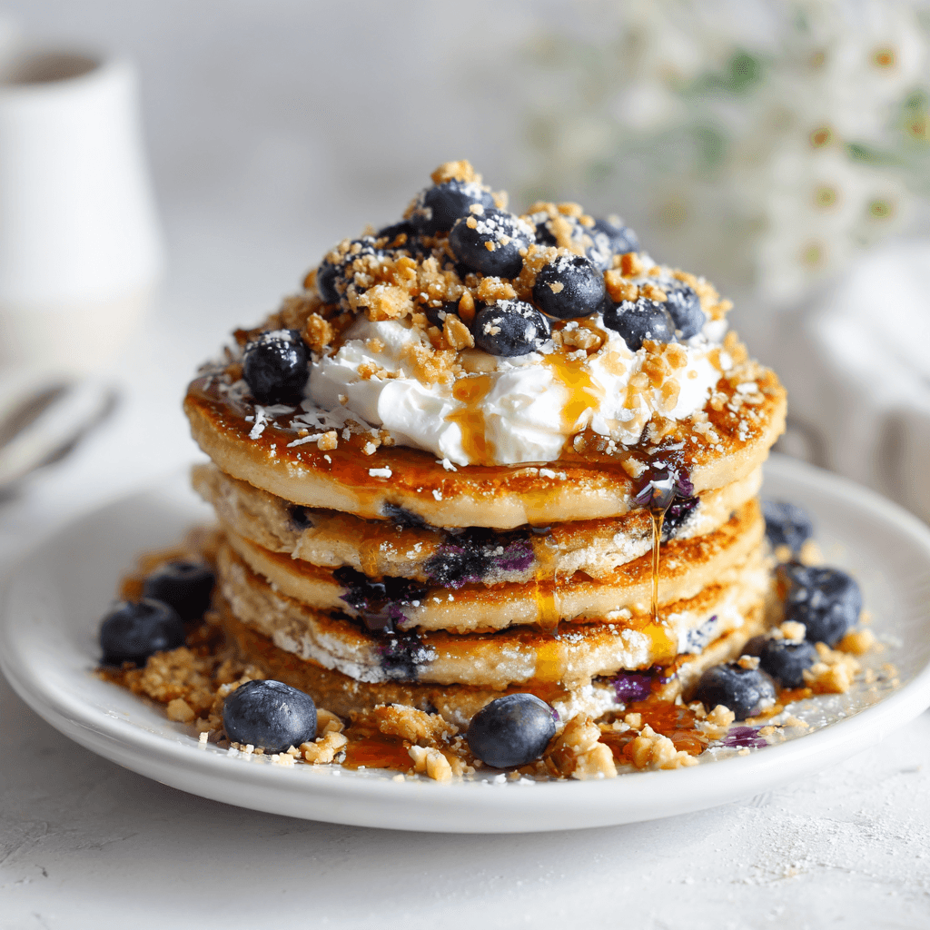 Blueberry Pancake Recipe That’ll Make Your Mornings Magical 6 Blueberry pancake stack with whipped cream, syrup, nuts, and fresh berries