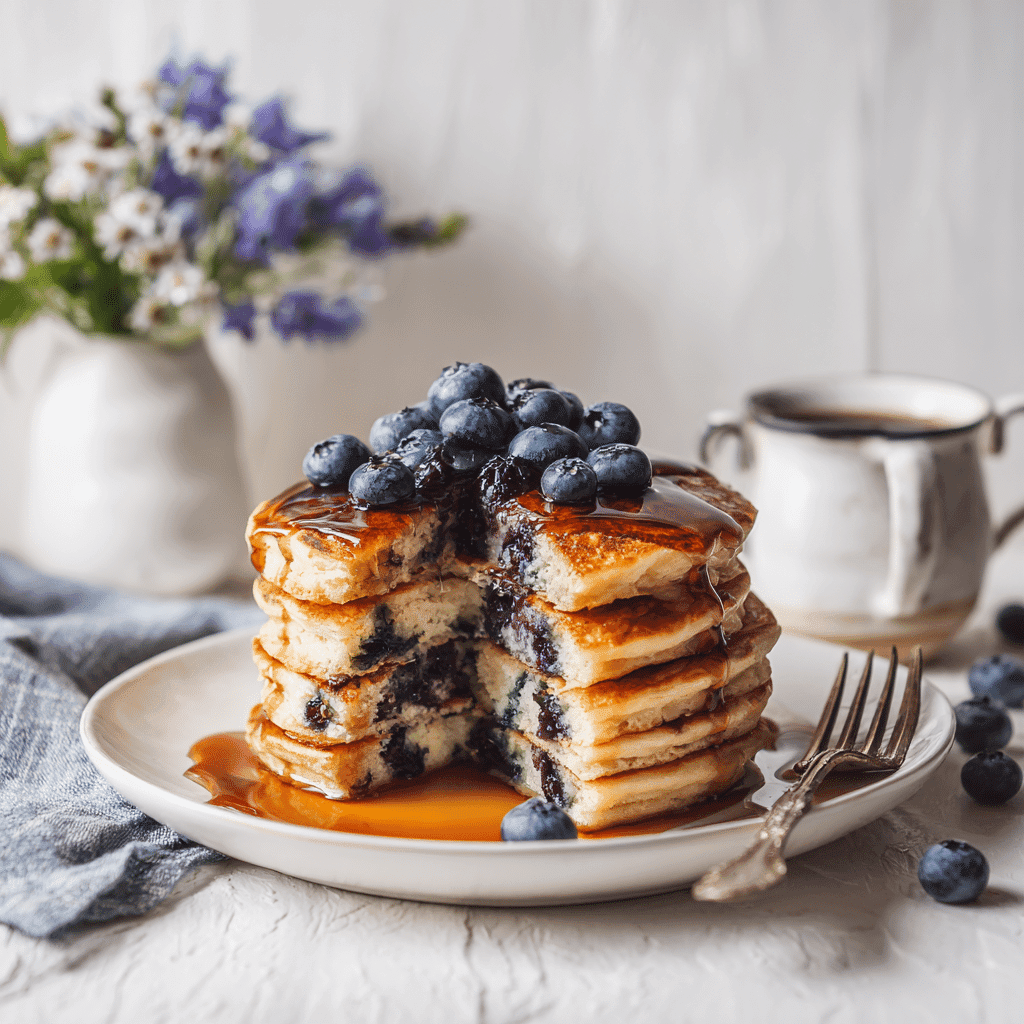 Blueberry Pancake Recipe That’ll Make Your Mornings Magical 8 Partially eaten blueberry pancakes with syrup and fork on white plate