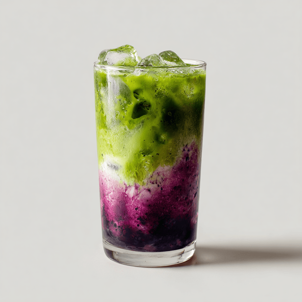 Blueberry Syrup for Matcha: A Flavorful Twist Worth Trying 6 Blueberry syrup for matcha layered in a tall iced latte on a white background