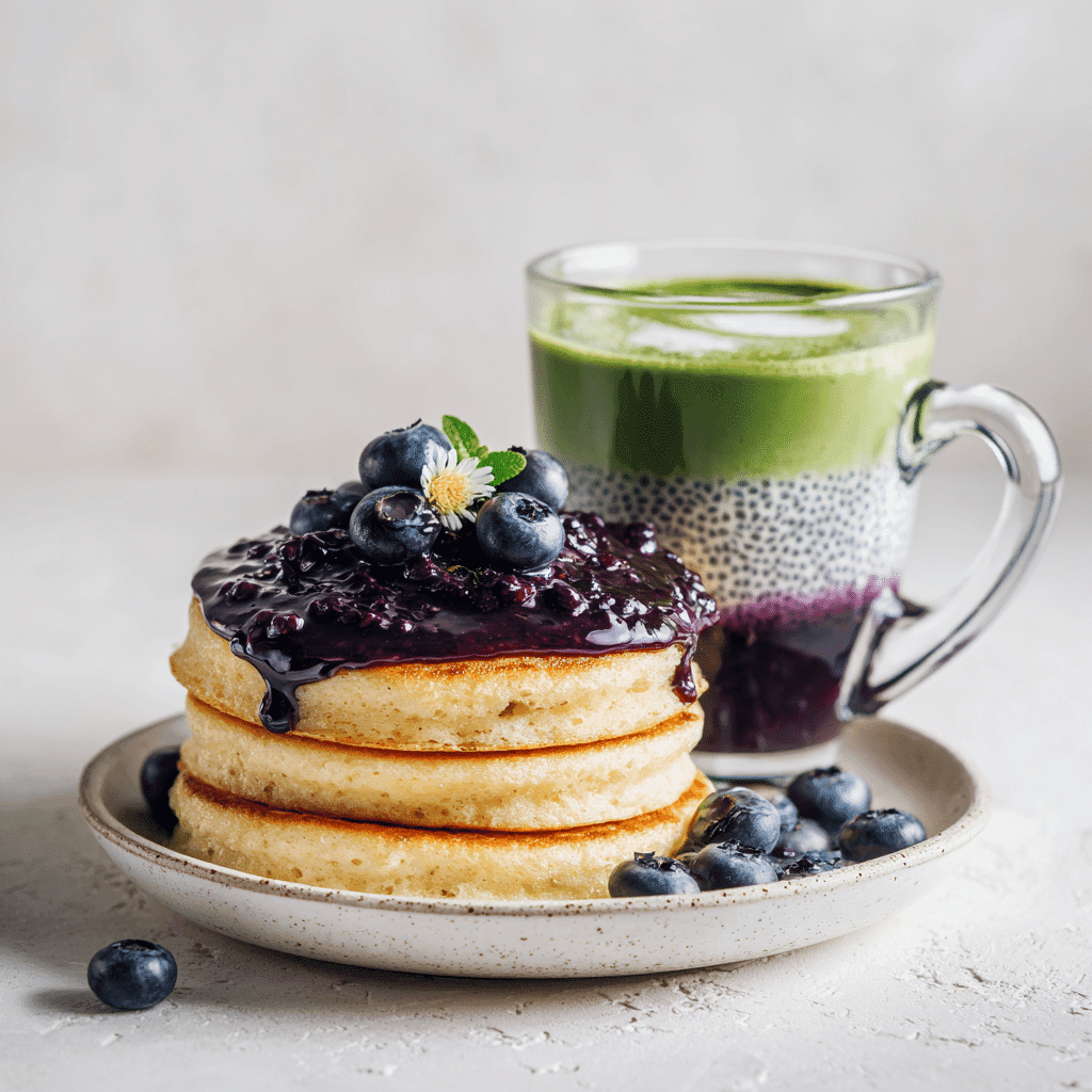 Blueberry Syrup for Matcha: A Flavorful Twist Worth Trying 4 Blueberry syrup drizzled on pancakes and layered in a chia matcha latte on a white background