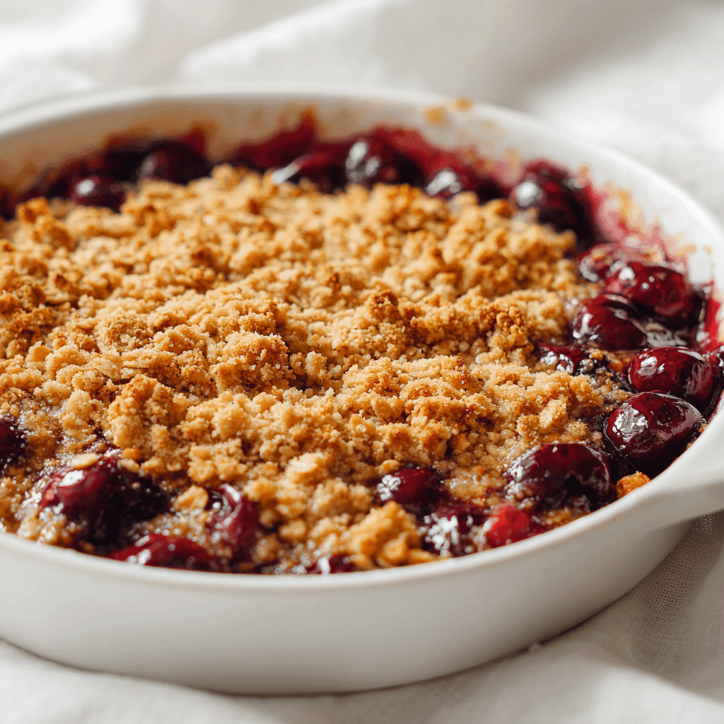 Fresh Cherry Crisp Recipe That’s Easy, Juicy & Irresistible 1 Homemade fresh cherry crisp in white baking dish with bubbling filling