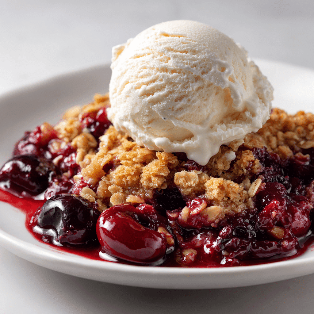 Fresh Cherry Crisp Recipe That’s Easy, Juicy & Irresistible 7 Cherry crisp served with vanilla ice cream on a white plate