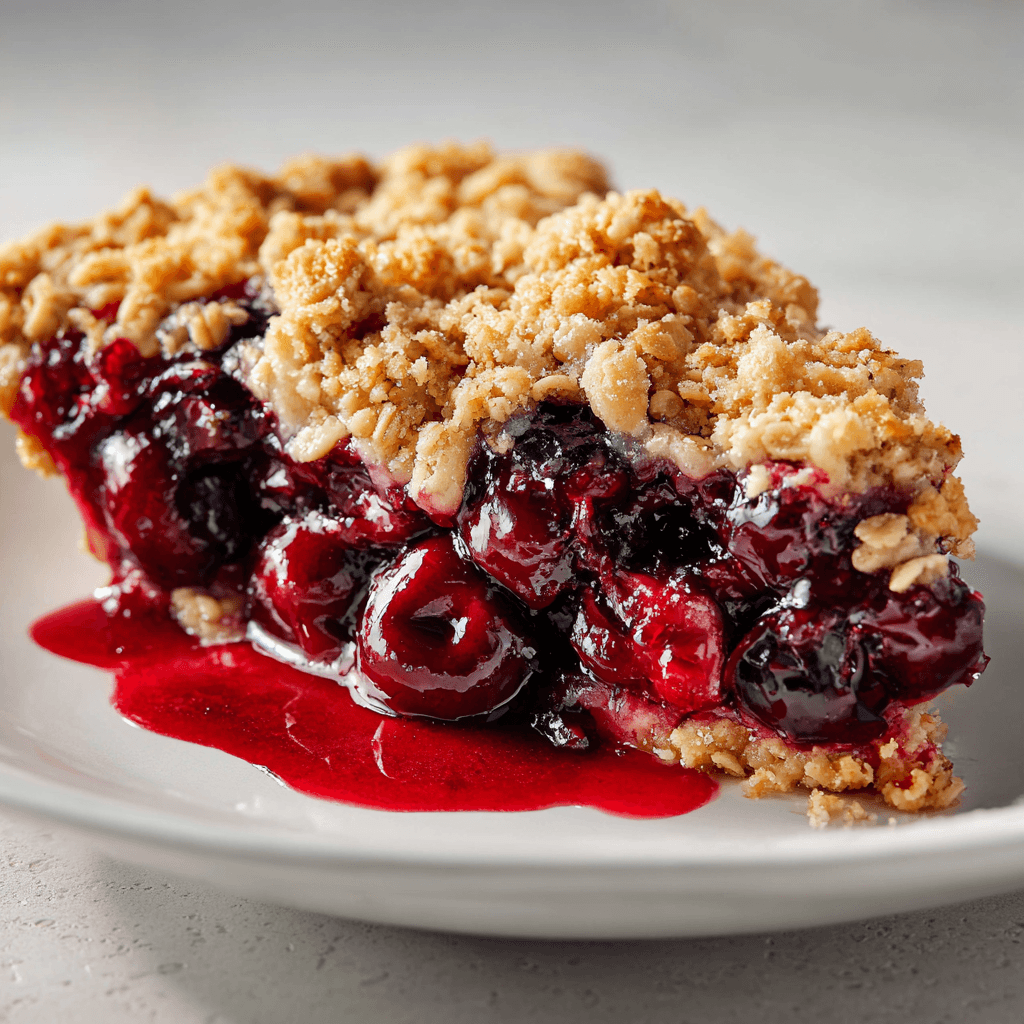 Fresh Cherry Crisp Recipe That’s Easy, Juicy & Irresistible 4 A slice of fresh cherry crisp showing golden topping and juicy cherry filling