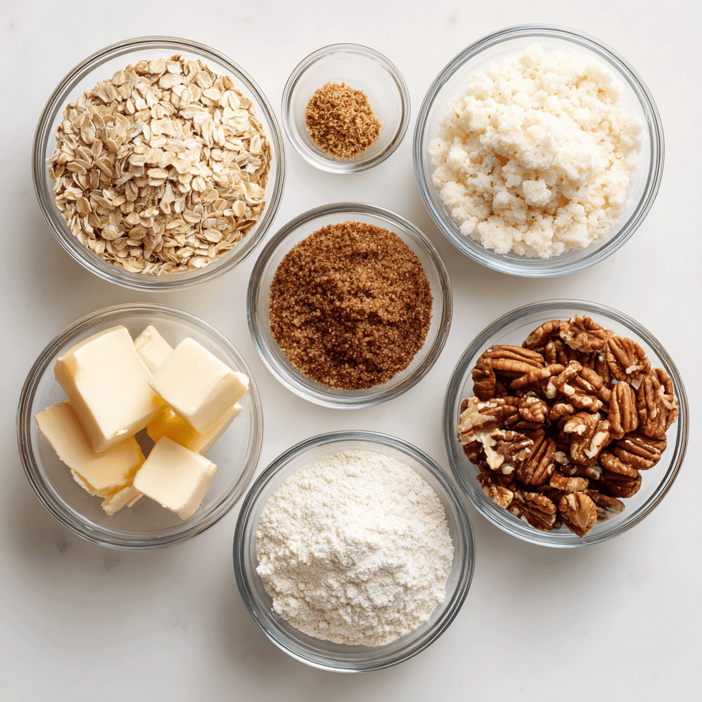 Fresh Cherry Crisp Recipe That’s Easy, Juicy & Irresistible 3 Cherry crisp topping ingredients in glass bowls – oats, flour, brown sugar, butter, spices, pecans