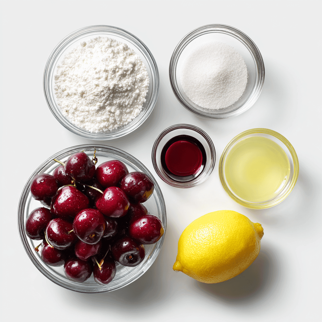 Fresh Cherry Crisp Recipe That’s Easy, Juicy & Irresistible 2 Cherry filling ingredients in glass bowls – cherries, lemon juice, sugar, cornstarch, vanilla