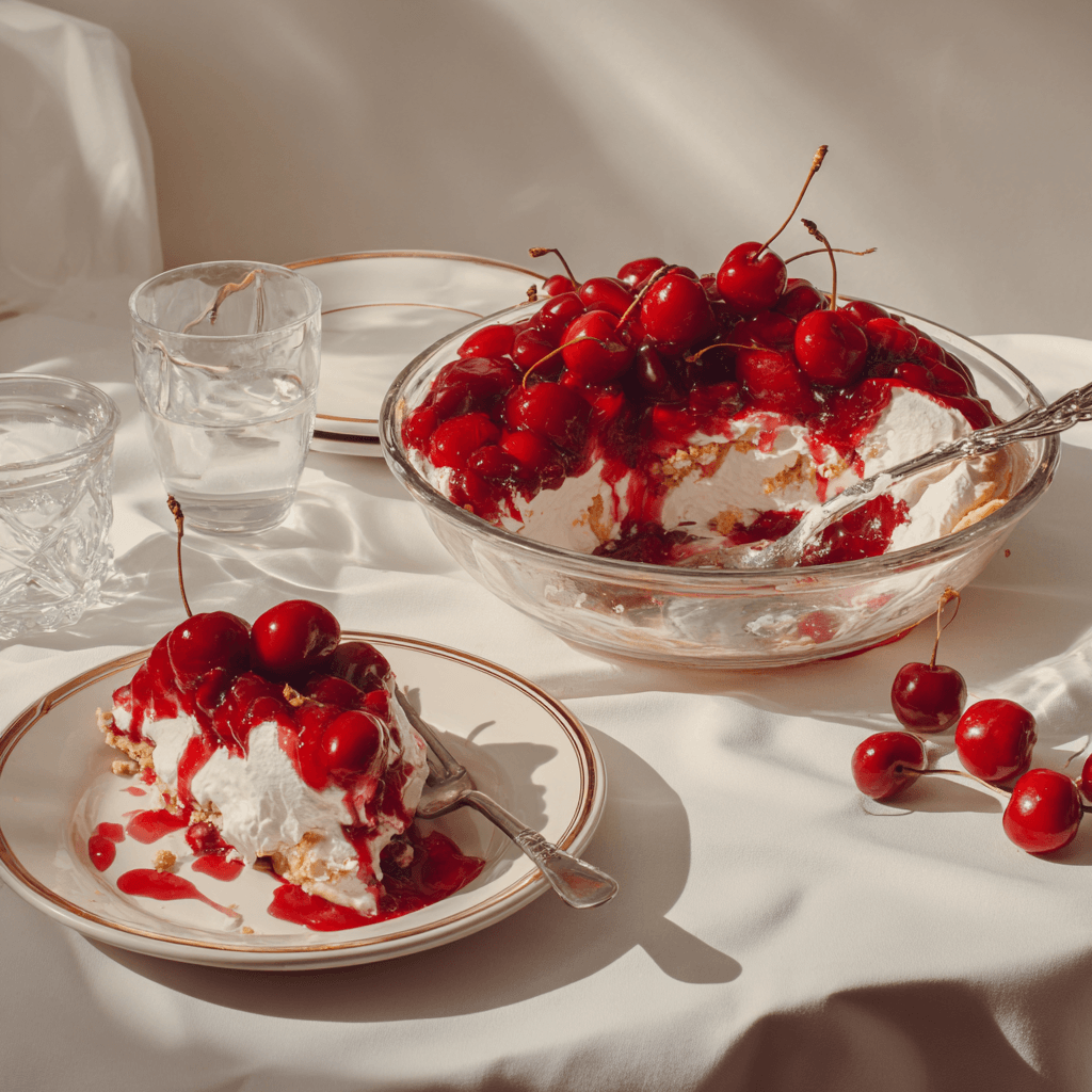 Cherry Yum Yum with Dream Whip partially served, evoking nostalgic family dessert moments