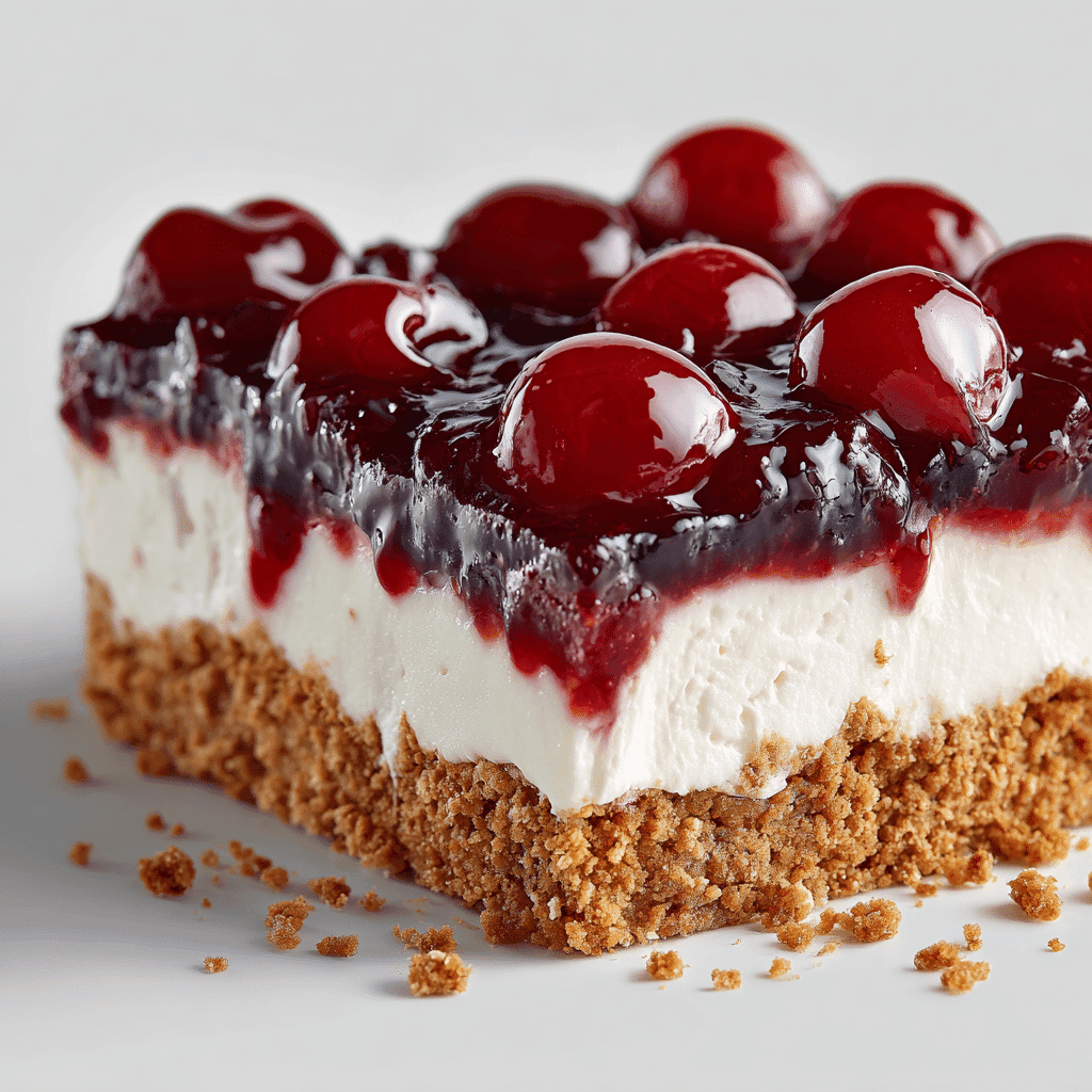 Cherry Yum Yum with Dream Whip dessert featuring layers of graham crust, creamy filling, and cherry topping