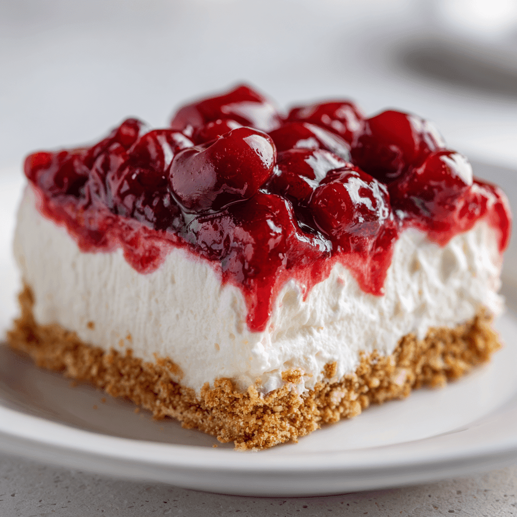 Cherry Yum Yum with Dream Whip slice showing perfect texture and clean layers