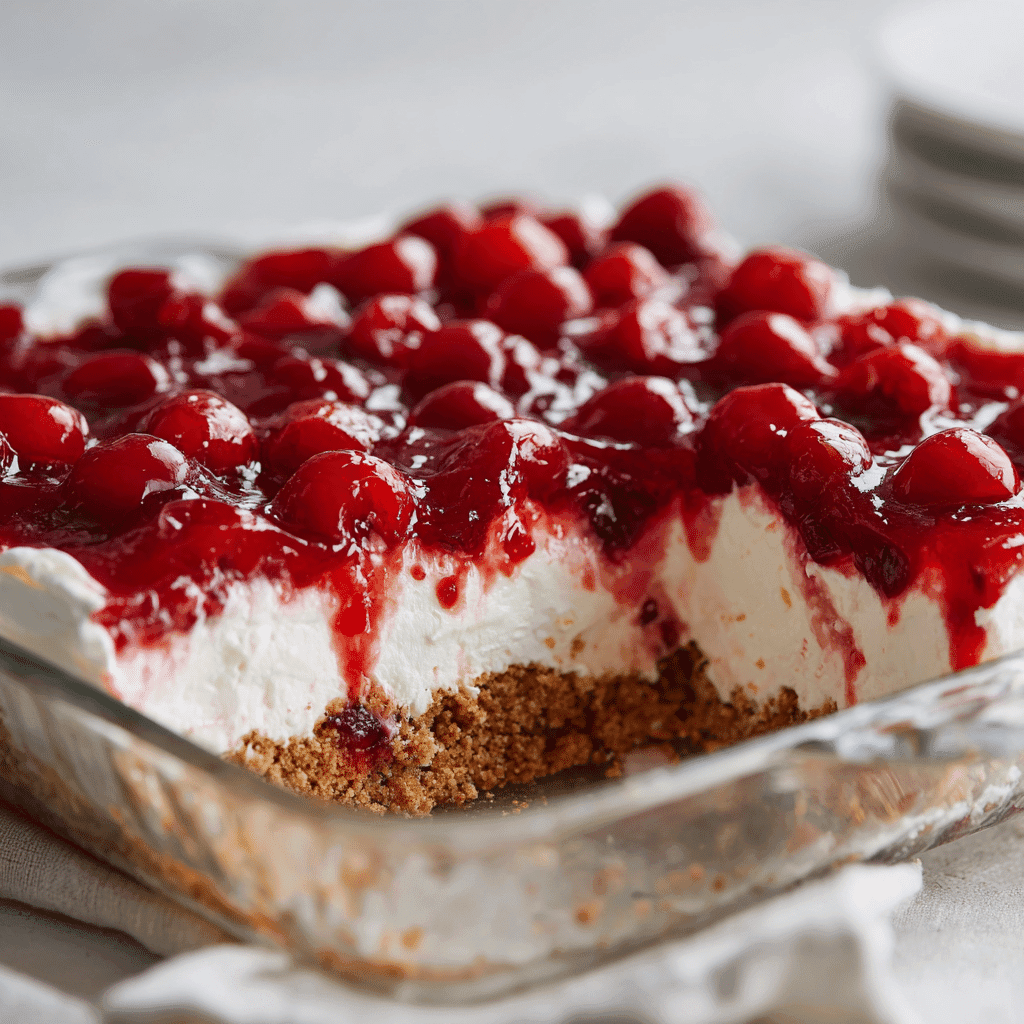 Nostalgic Cherry Yum Yum with Dream Whip in a glass dish showing classic layered dessert