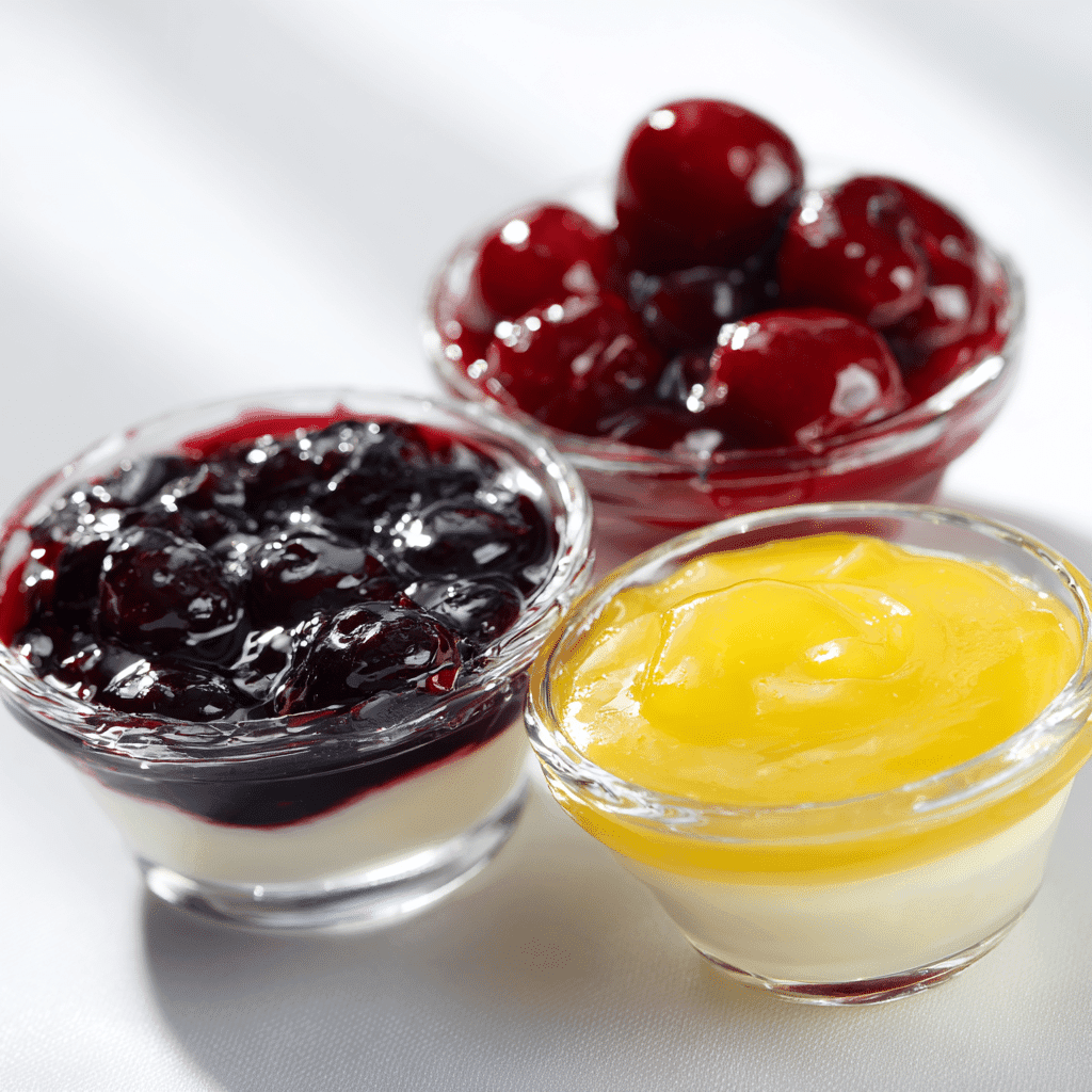 Seasonal Cherry Yum Yum variations with cherry, blueberry, and lemon toppings