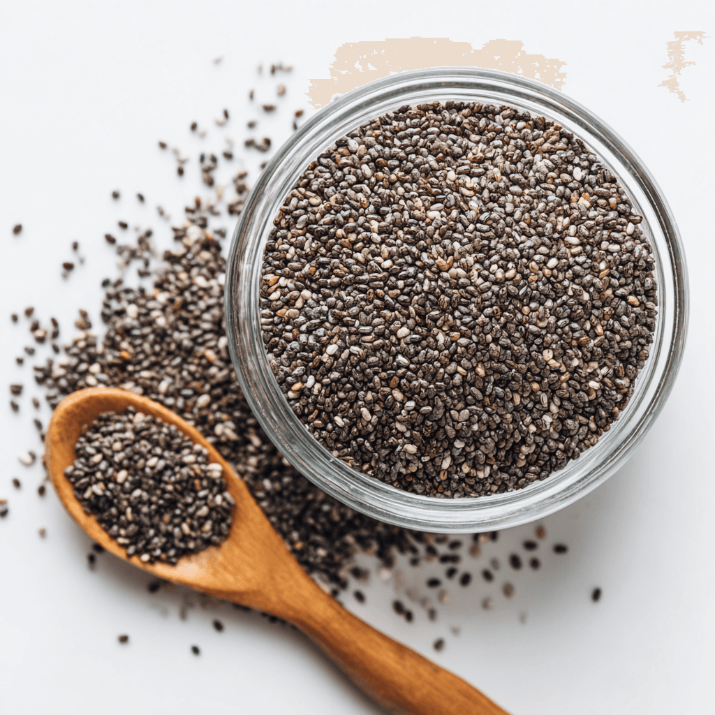 Protein Chia Seed Pudding – Easy, Creamy & Packed with Power 2 Raw chia seeds in a glass bowl with spoon on white background