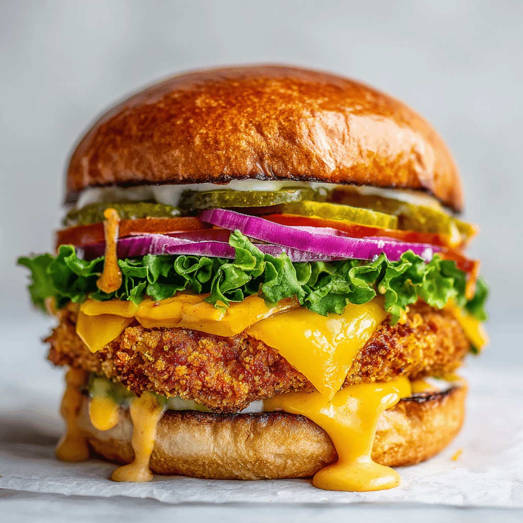 Air Fryer Chicken Patties – Crispy, Juicy & Fast Every Time 3 Air fryer chicken patty sandwich with fresh toppings and brioche bun