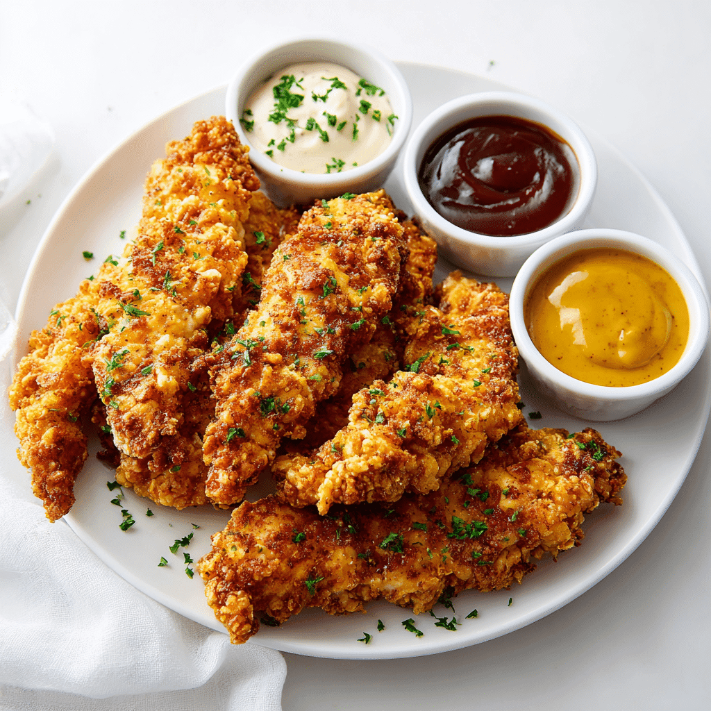 Crispy air fryer chicken tenders with dipping sauces on a white plate