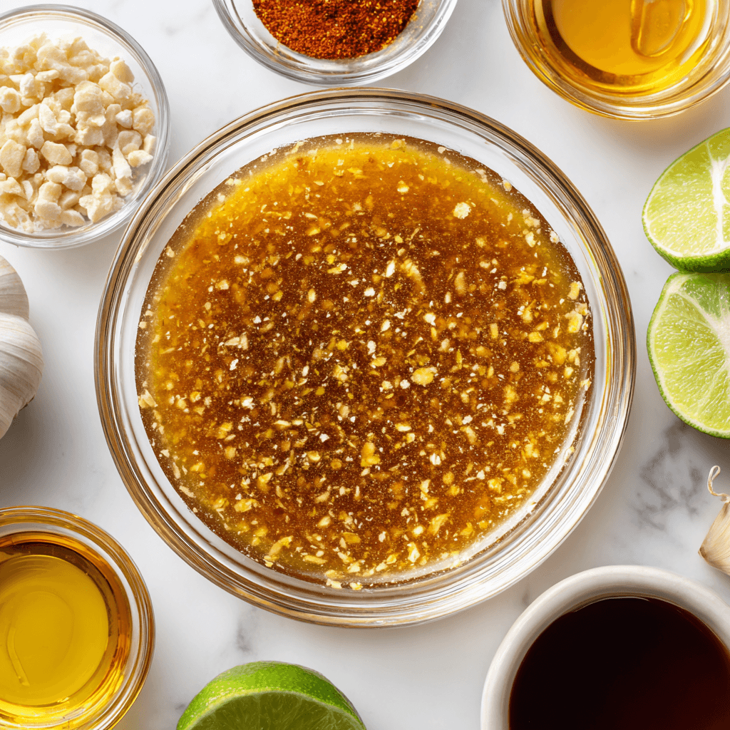 Chicken Thigh Marinade: Juicy and Easy Recipe for Flavorful Dinners 2 Chicken thigh marinade in a glass bowl surrounded by fresh ingredients