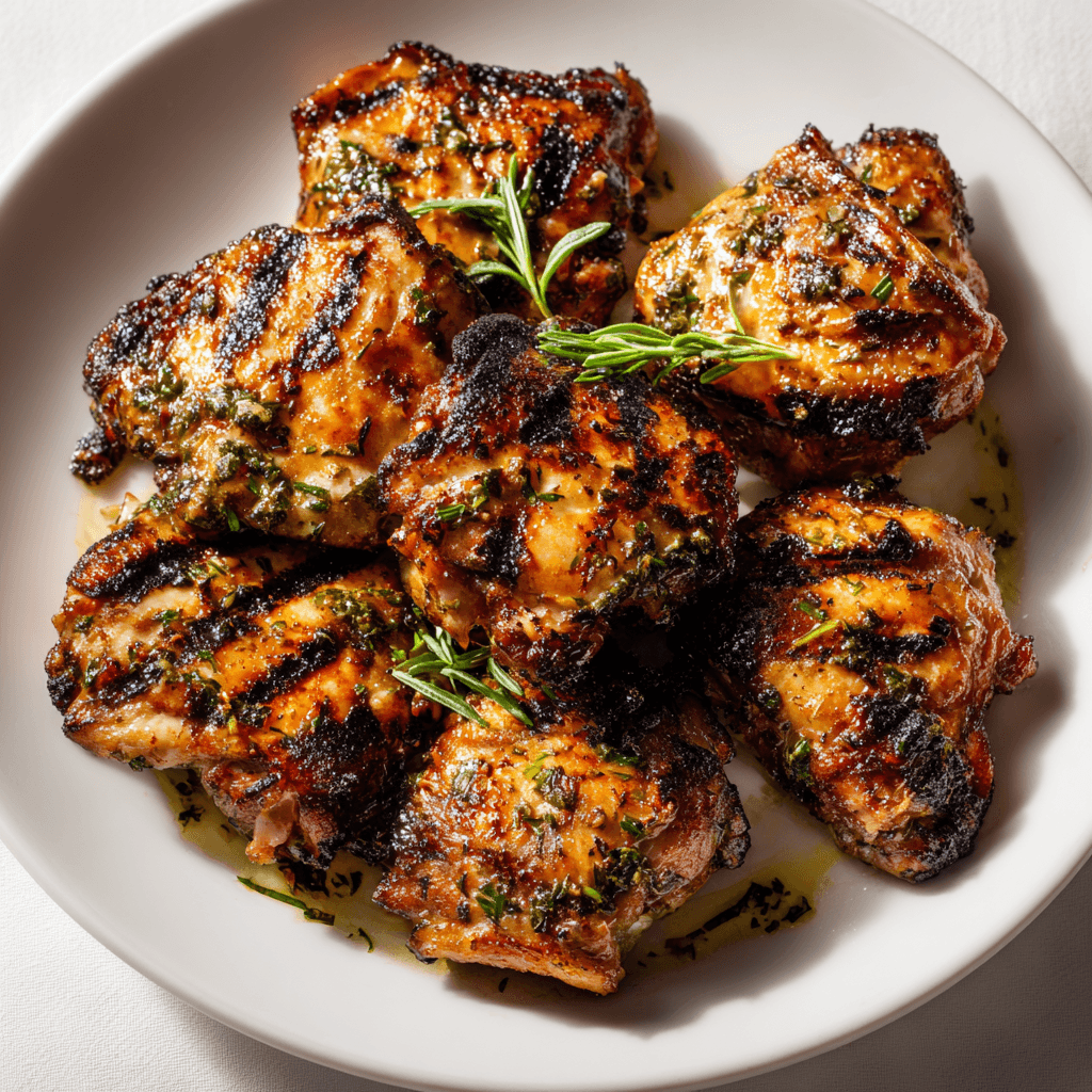 Chicken Thigh Marinade: Juicy and Easy Recipe for Flavorful Dinners 8 Grilled marinated chicken thighs with caramelized glaze on a white plate
