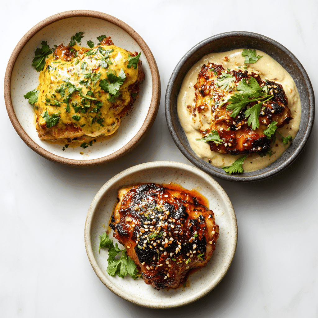 Chicken Thigh Marinade: Juicy and Easy Recipe for Flavorful Dinners 5 Three globally inspired marinated chicken thigh variations on separate plates