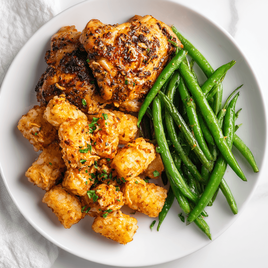 Air Fryer Boneless Chicken Thigh Recipe – Juicy, Fast & Crispy Every Time 5 Air fryer chicken thighs served with green beans and loaded tater tots