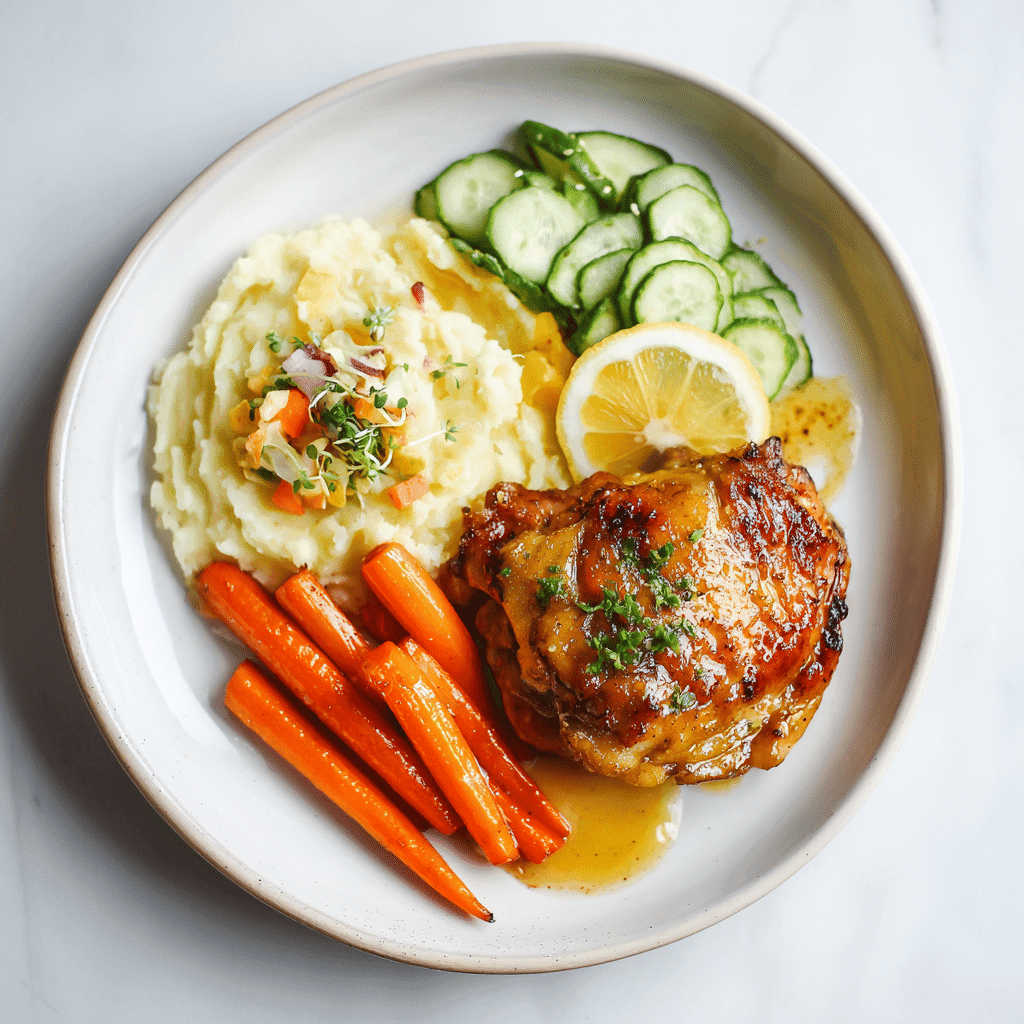 Chicken Thigh Marinade: Juicy and Easy Recipe for Flavorful Dinners 6 Marinated chicken thigh served with mashed potatoes, carrots, lemon rice, and cucumber salad