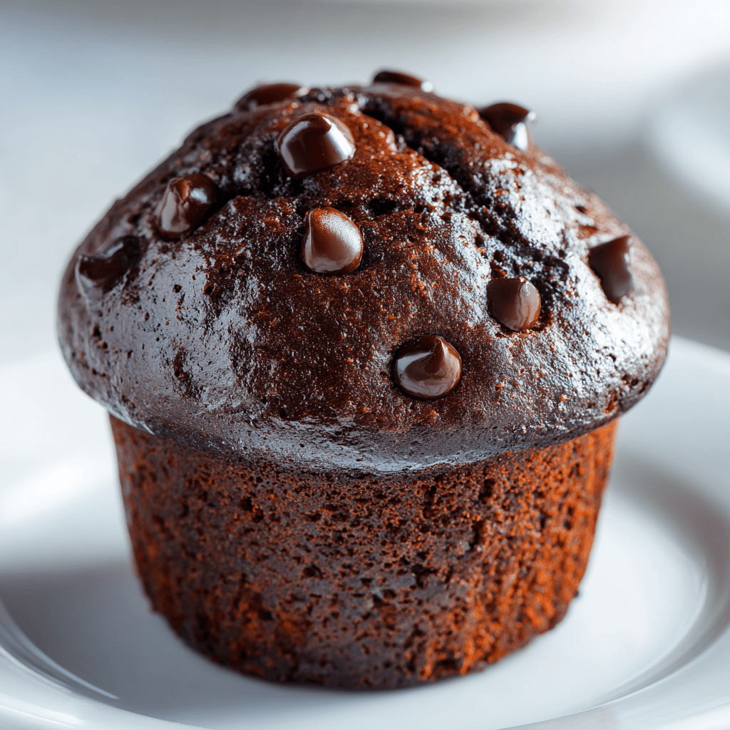 Chocolate Muffin Recipe That’s Moist, Rich, and Irresistible 2 Glossy chocolate muffin with rich cocoa color and melty chips