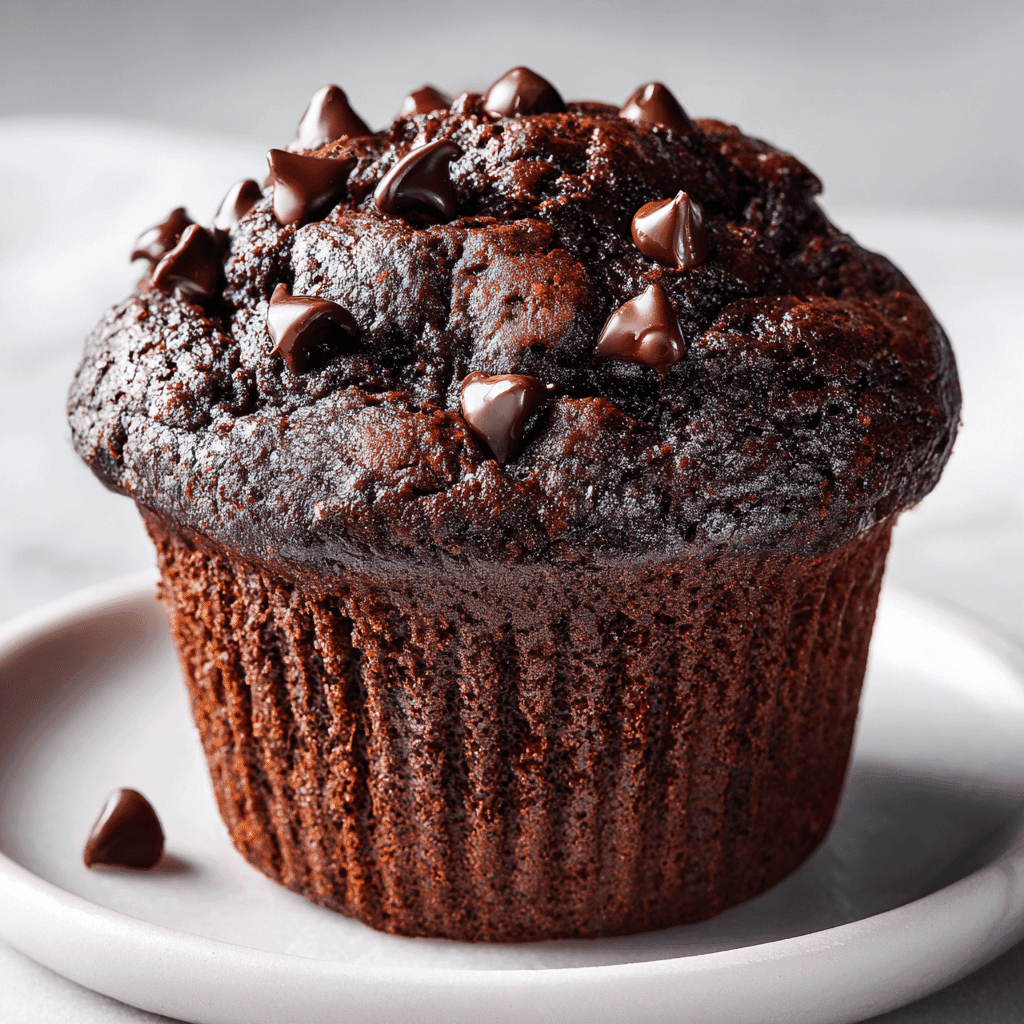 Rich chocolate muffin with glossy dome and melted chocolate chips
