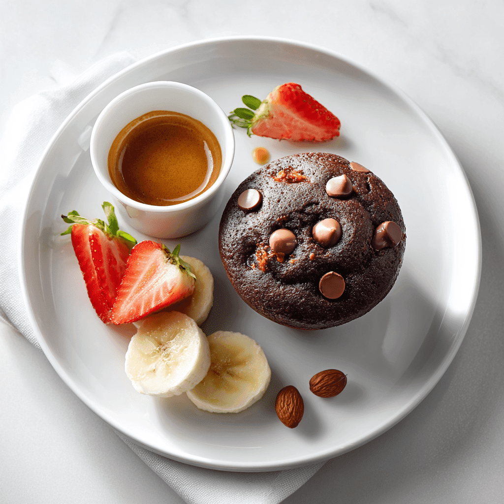 Chocolate Muffin Recipe That’s Moist, Rich, and Irresistible 6 Chocolate muffin served with coffee, fruit, and nuts on a white plate