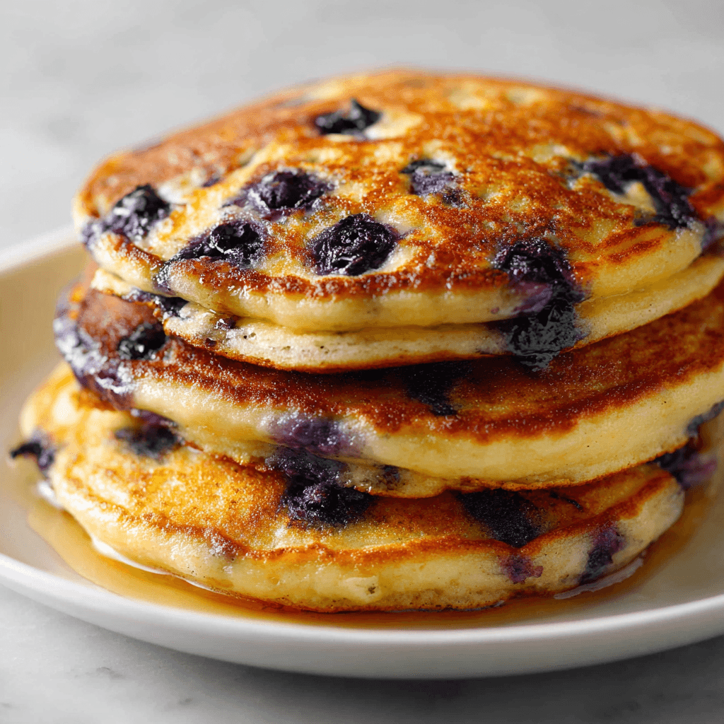 Blueberry Pancake Recipe That’ll Make Your Mornings Magical 5 Perfectly cooked blueberry pancakes with golden edges and visible berries
