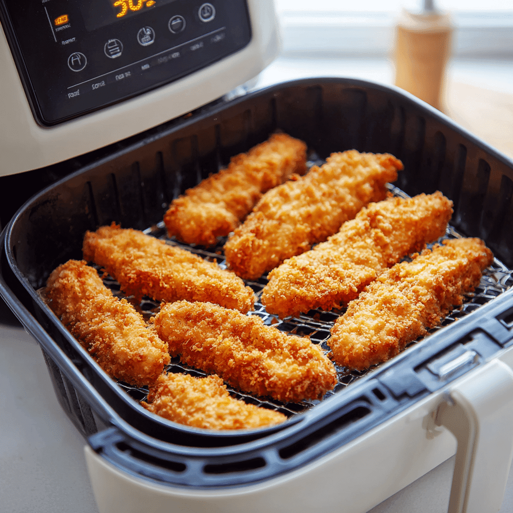 Frozen breaded chicken tenders cooking in an air fryer at 390°F