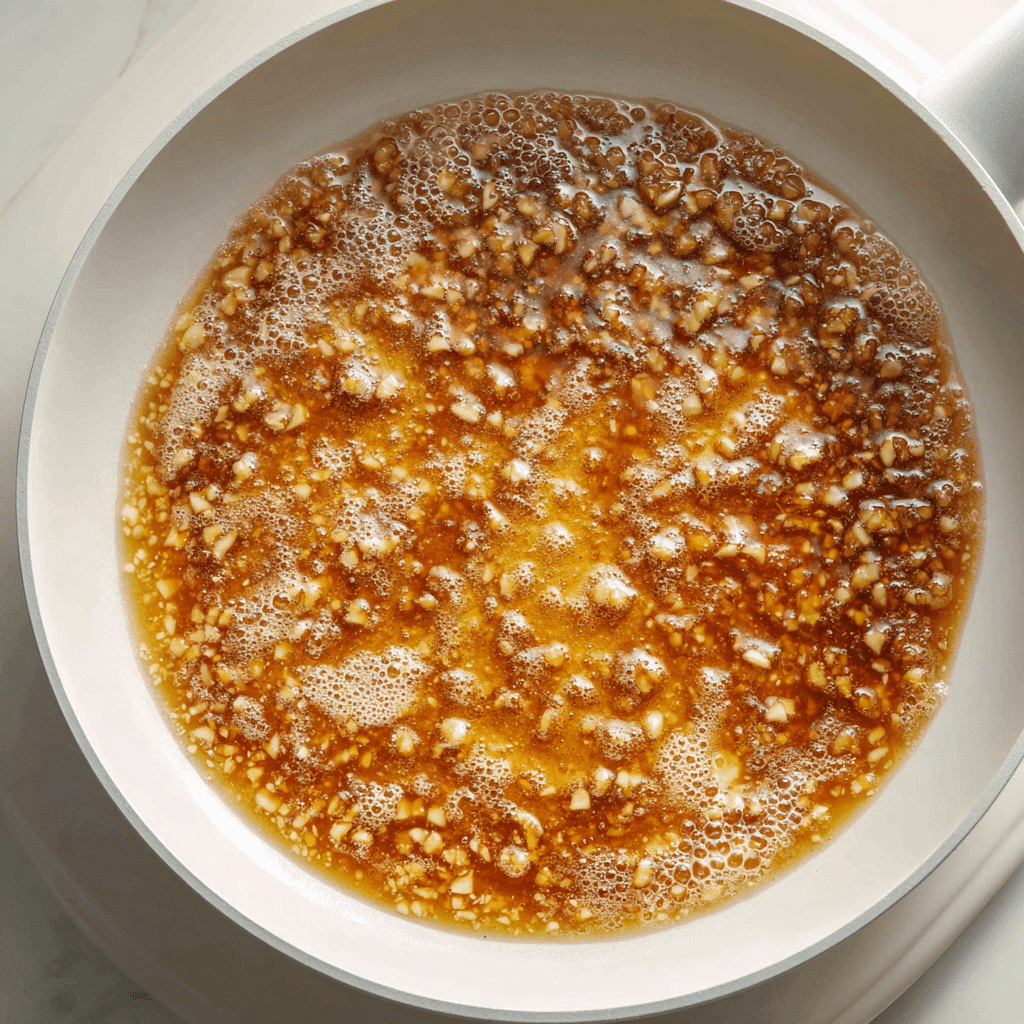Honey Garlic Chicken Thighs Recipe | Juicy, Sticky, Flavorful 5 Bubbling honey garlic sauce simmering in a white skillet