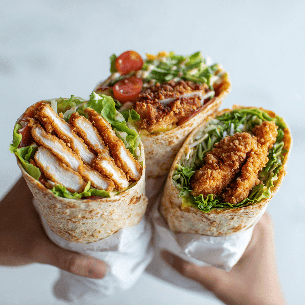 Reheat Chicken Tenders in Air Fryer: Crispy & Juicy Every Time 3 Reheated chicken tenders served in salad, wrap, and sandwich on white surface