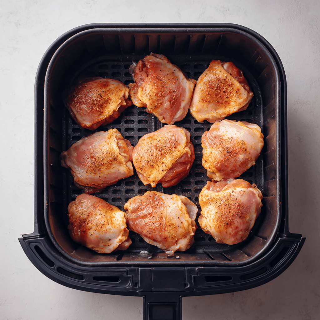 Air Fryer Boneless Chicken Thigh Recipe – Juicy, Fast & Crispy Every Time 4 Air fryer basket with evenly spaced chicken thighs ready to cook