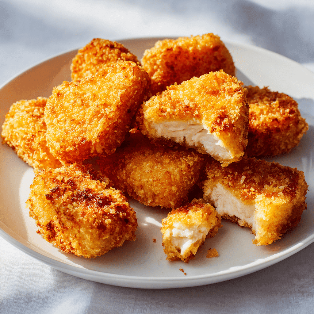 Air Fryer Frozen Chicken Nuggets: Crispy & Ready in 10 Minutes 5 Crispy air fryer frozen chicken nugget with a bite taken out on white plate