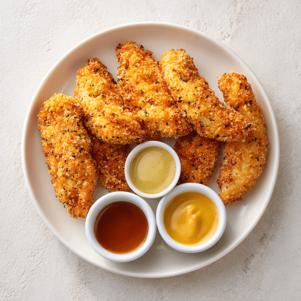 Reheat Chicken Tenders in Air Fryer: Crispy & Juicy Every Time 4 Crispy reheated chicken tenders served with sauces on a white plate