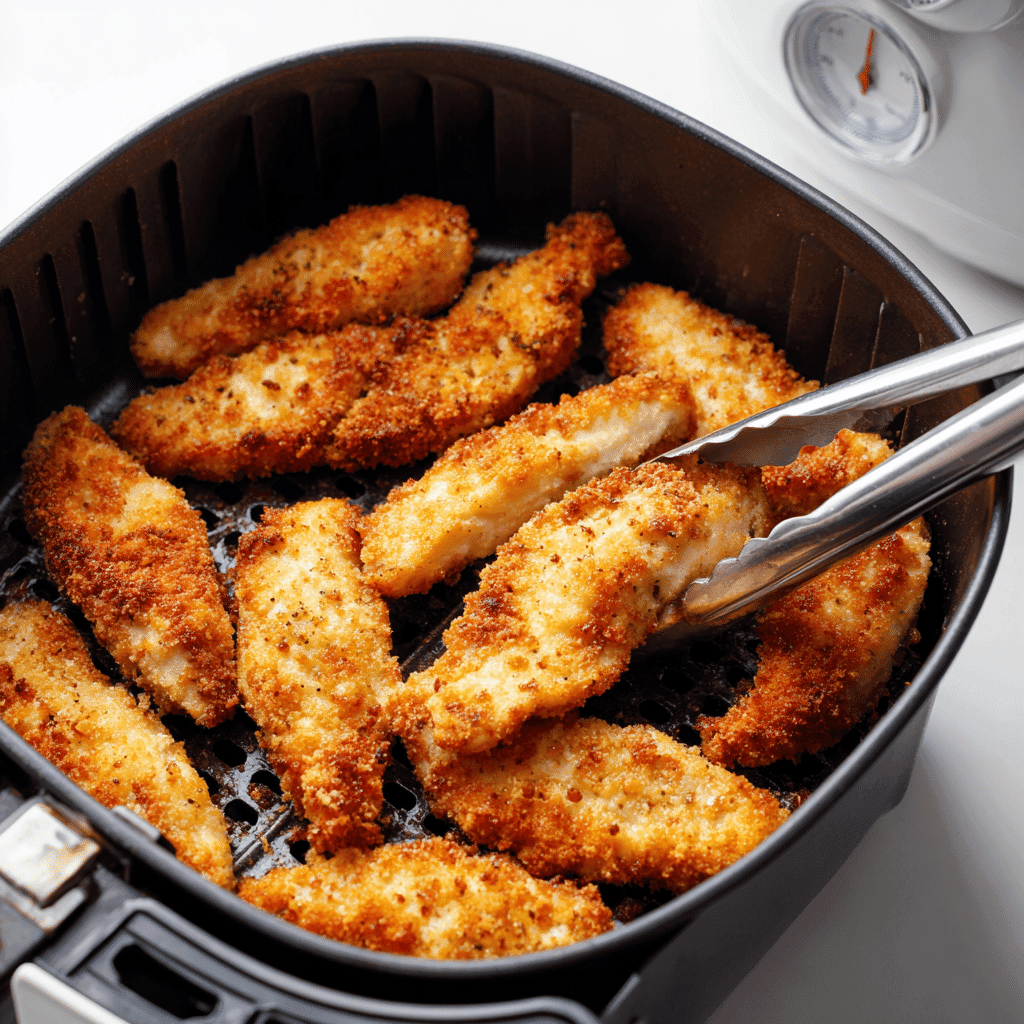 Chicken Tenders Air Fryer No Breading: Juicy & Healthy 4 Chicken tenders being flipped in an air fryer with a thermometer nearby