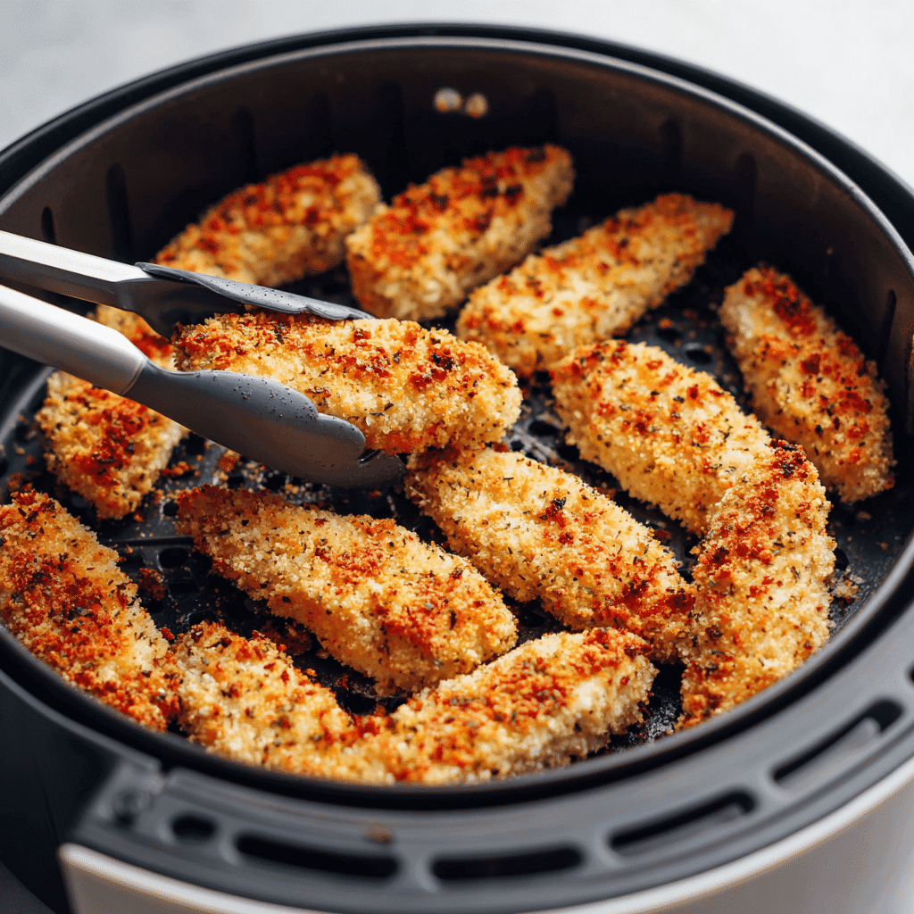 Flipping evenly spaced frozen chicken tenders in an air fryer