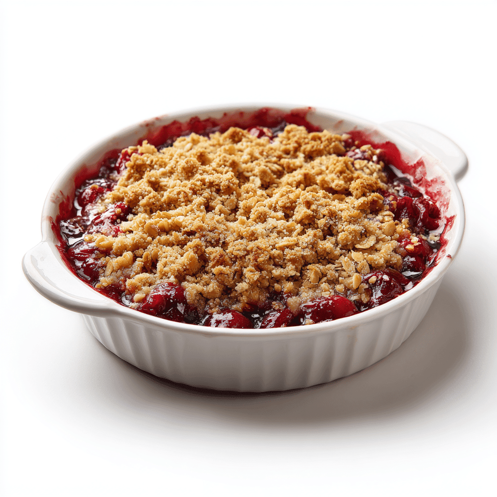 Fresh cherry crisp with golden oat topping in a white dish