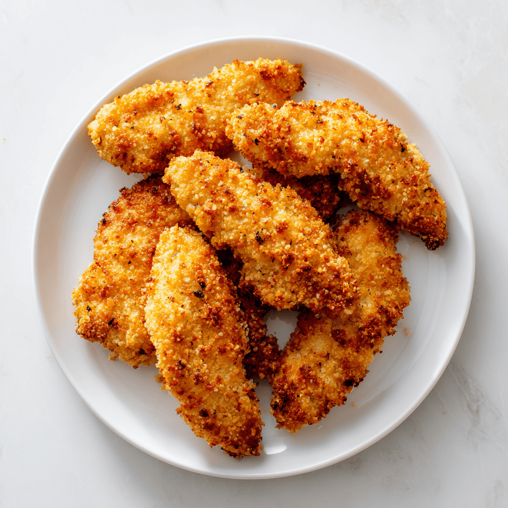 Crispy frozen chicken tenders cooked in an air fryer served on a white plate