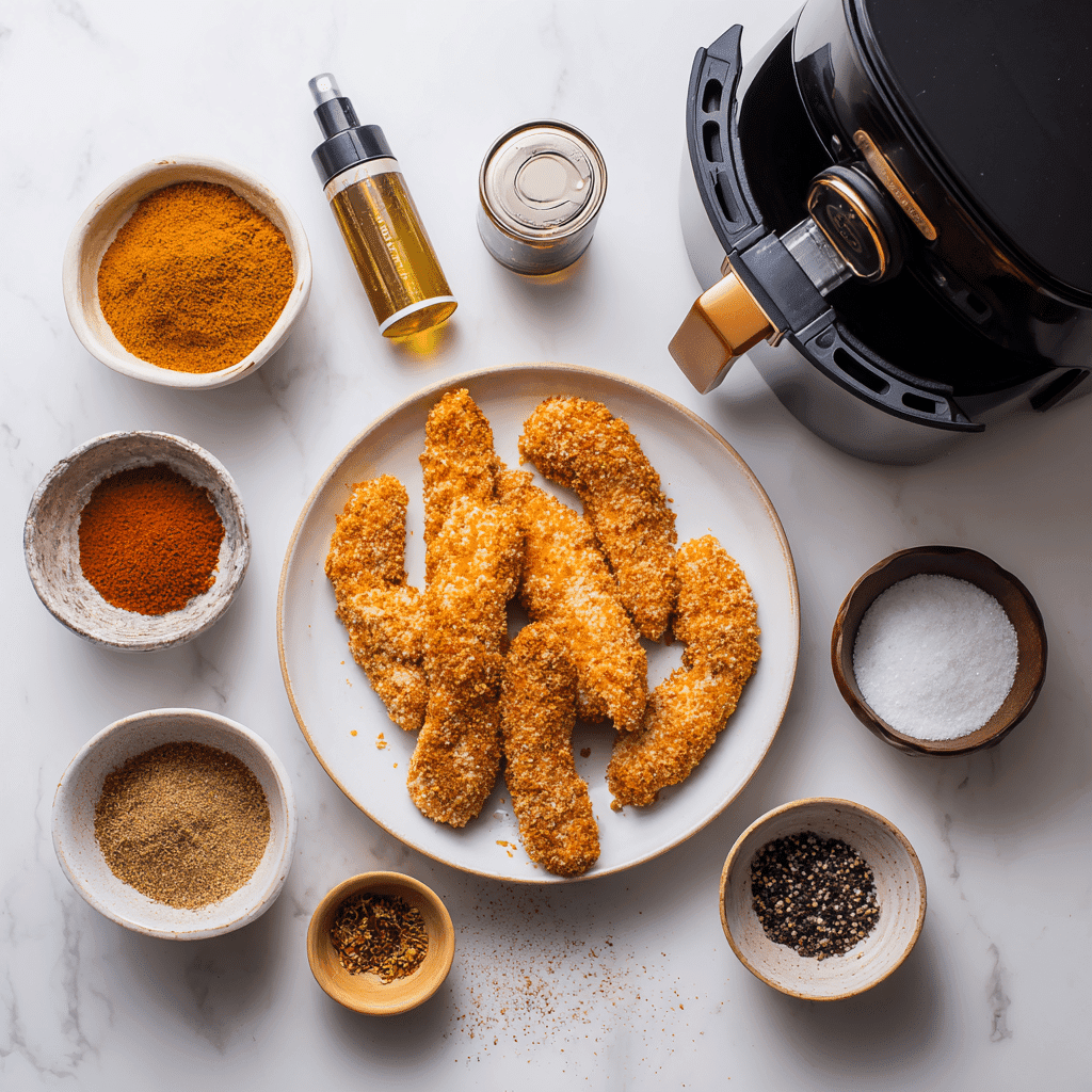 Frozen chicken tenders with oil spray, spices, and air fryer