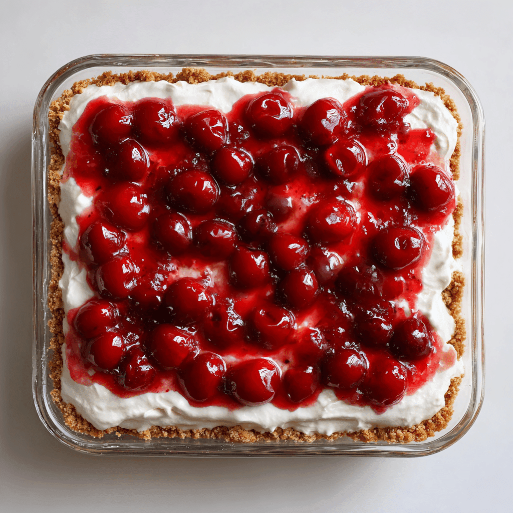 Full Cherry Yum Yum with Dream Whip cake in a glass dish with cherry topping