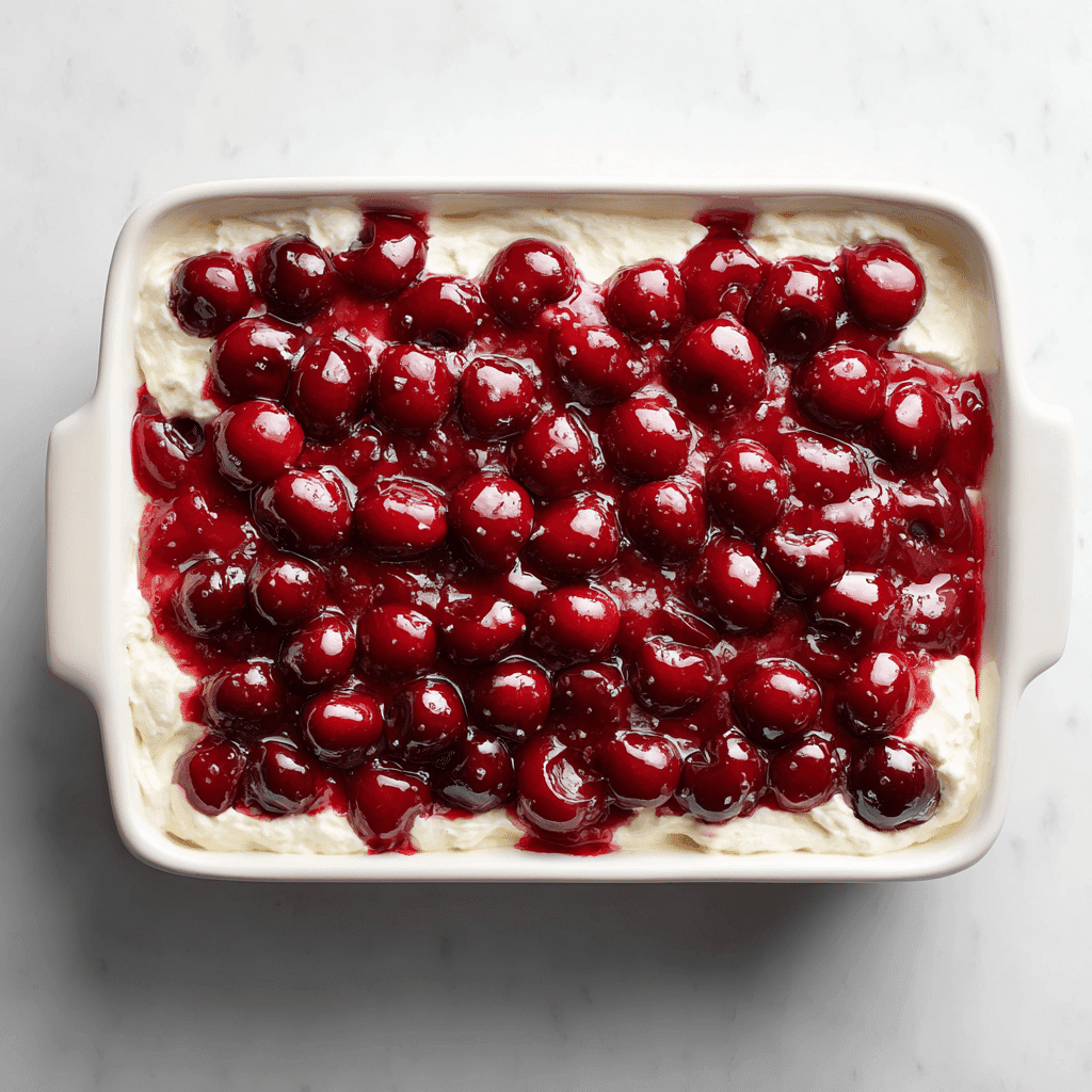Full uncut pan of cherry yum yum with Cool Whip and cream cheese