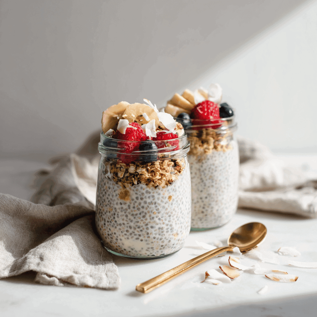 Greek Yogurt Chia Pudding Recipe – Creamy, Easy & High Protein 4 Two jars of Greek yogurt chia pudding with assorted toppings