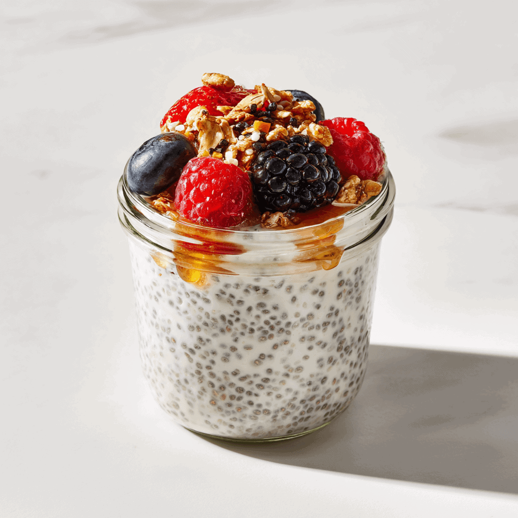 Greek Yogurt Chia Pudding Recipe – Creamy, Easy & High Protein 5 Creamy Greek yogurt chia pudding in a glass jar topped with berries and granola