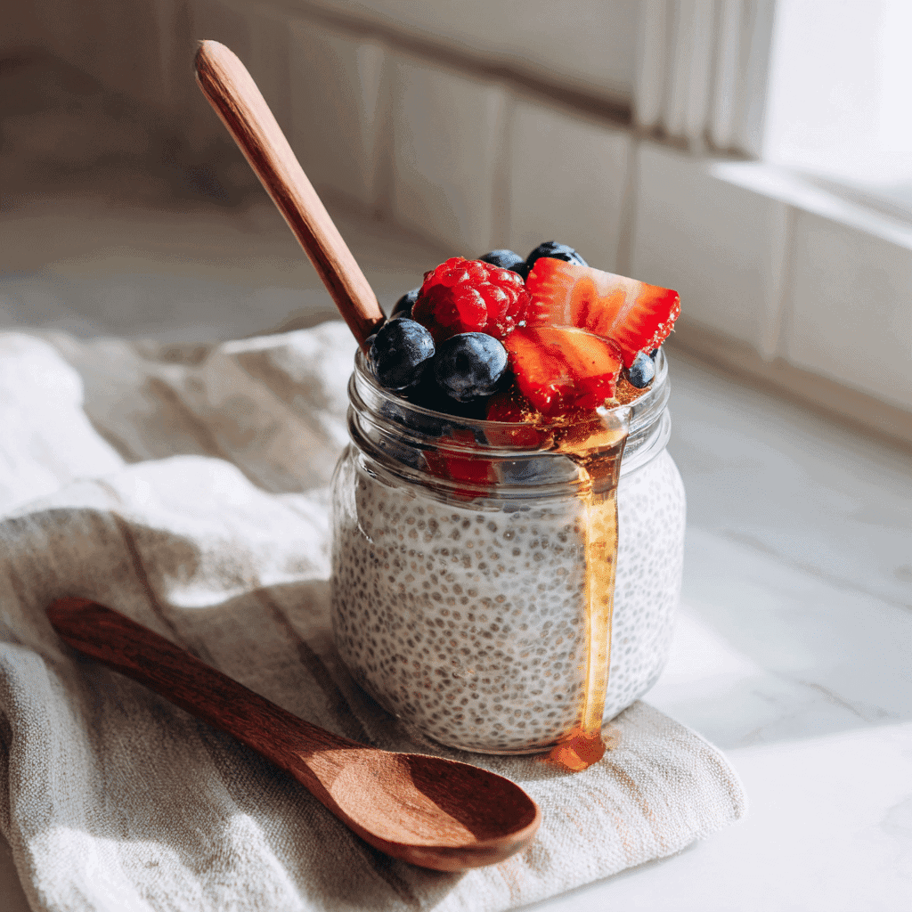 Greek Yogurt Chia Pudding Recipe – Creamy, Easy & High Protein 1 Greek yogurt chia pudding on a kitchen counter with berries and honey