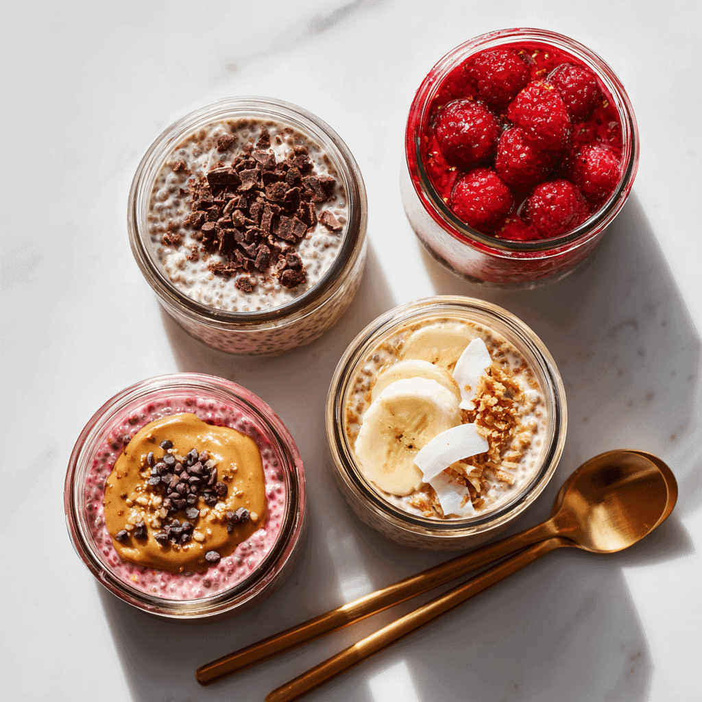 Greek Yogurt Chia Pudding Recipe – Creamy, Easy & High Protein 3 Greek yogurt chia pudding jars with assorted toppings like fruit, cocoa, and nuts