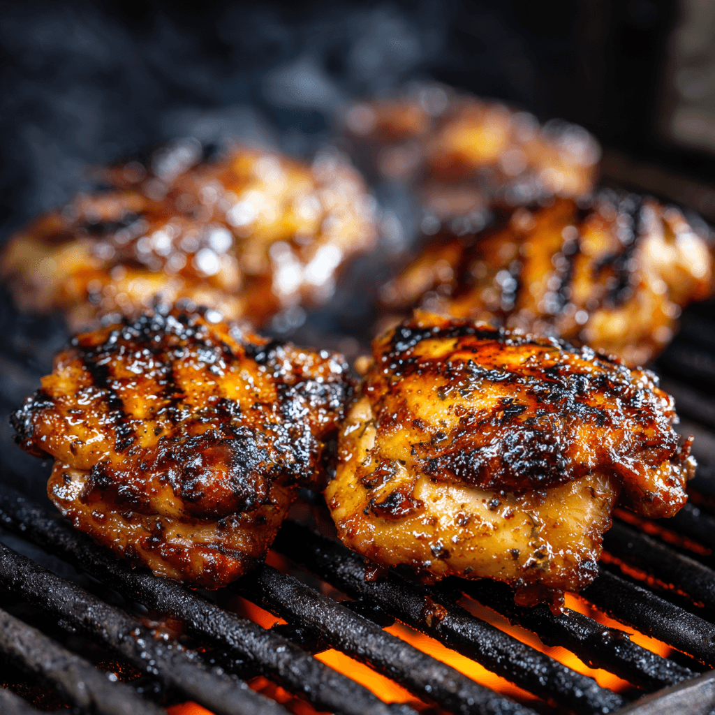 Chicken Thigh Marinade: Juicy and Easy Recipe for Flavorful Dinners 3 Smoky grilled chicken thighs with caramelized edges and grill marks