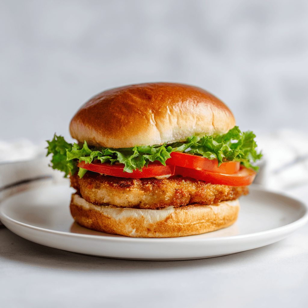 Air Fryer Chicken Patties – Crispy, Juicy & Fast Every Time 1 Homemade air fryer chicken patty sandwich with lettuce and tomato on white plate