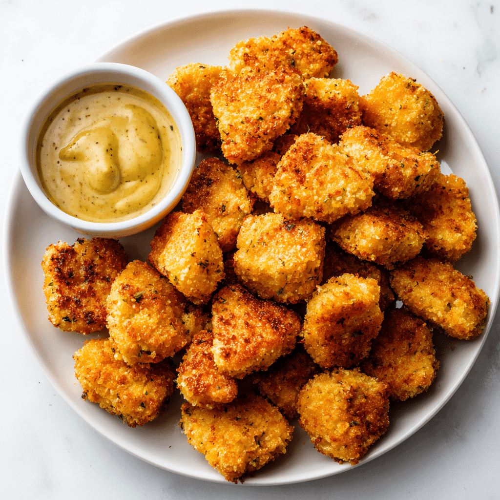Air Fryer Frozen Chicken Nuggets: Crispy & Ready in 10 Minutes 1 Crispy air fryer frozen chicken nuggets on white plate with dipping sauce