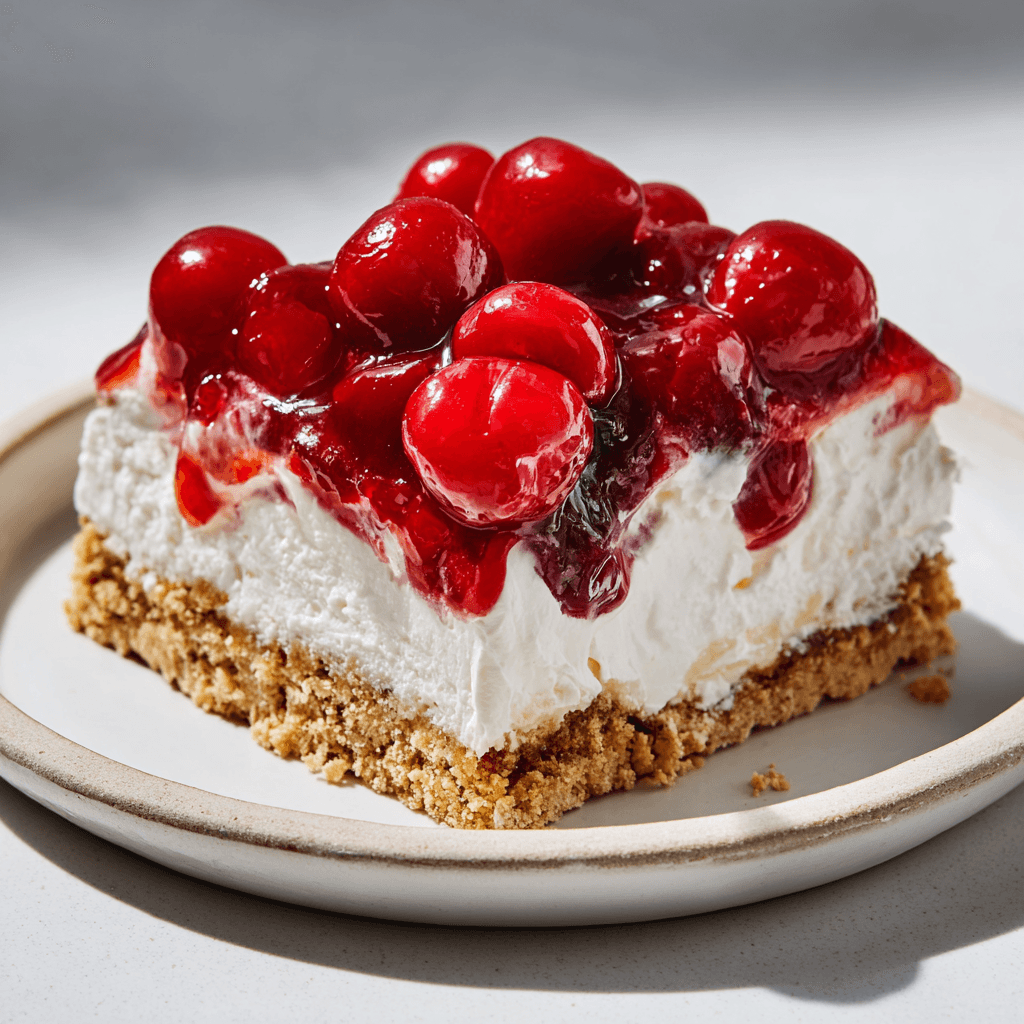 Homemade cherry yum yum with Cool Whip and cream cheese slice on a white plate